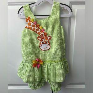 Bonnie Jean Girls Green and White Seersucker Giraffe Appliqué Coverall (Size 4T)